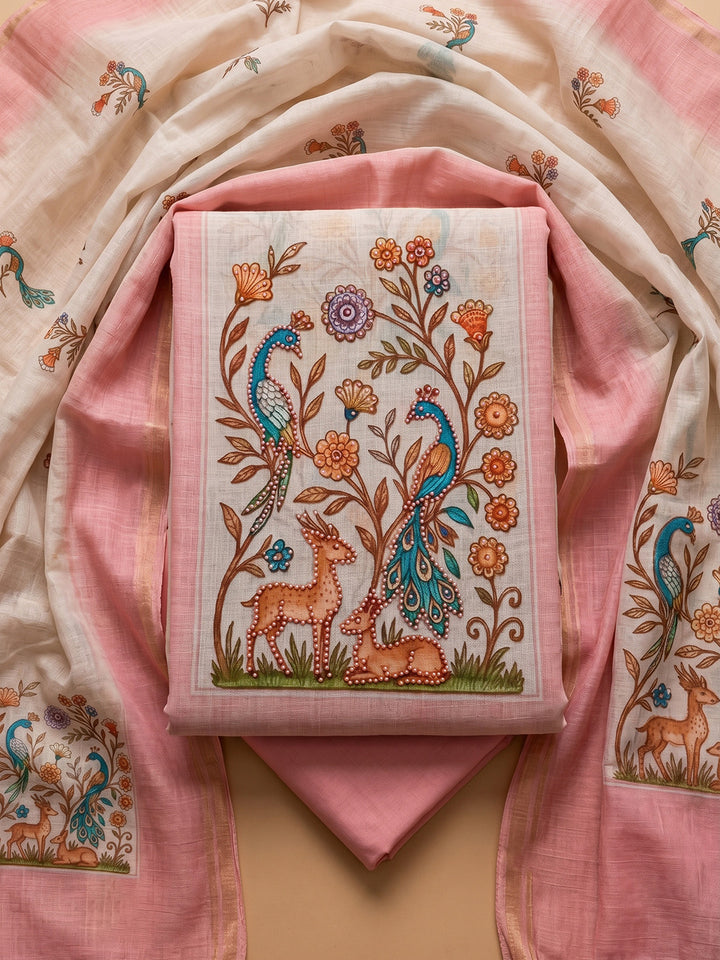 Pink Printed Cotton Blend Unstitched Suit With Pant &amp; Dupatta
