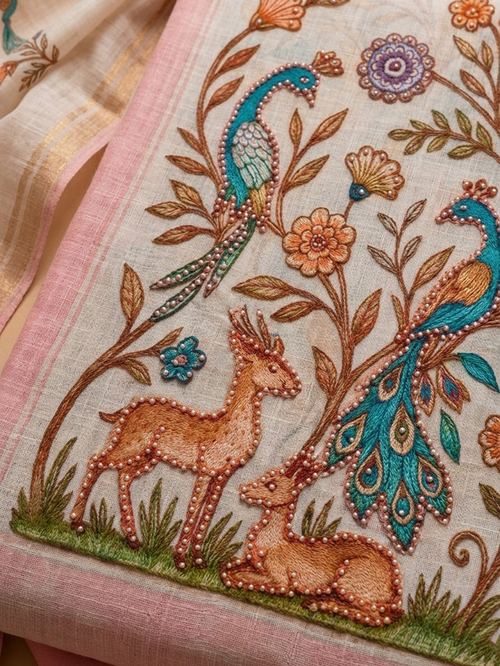 Pink Printed Cotton Blend Unstitched Suit With Pant &amp; Dupatta
