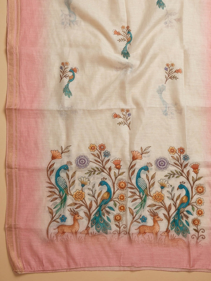 Pink Printed Cotton Blend Unstitched Suit With Pant &amp; Dupatta