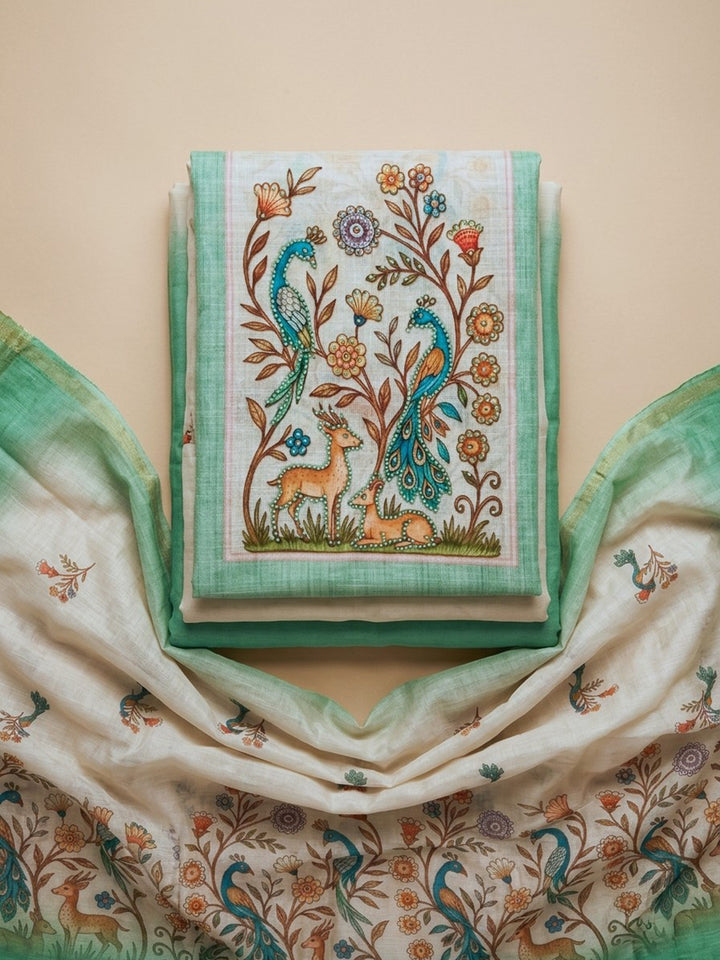 Sea Green Printed Cotton Blend Unstitched Suit With Pant &amp; Dupatta