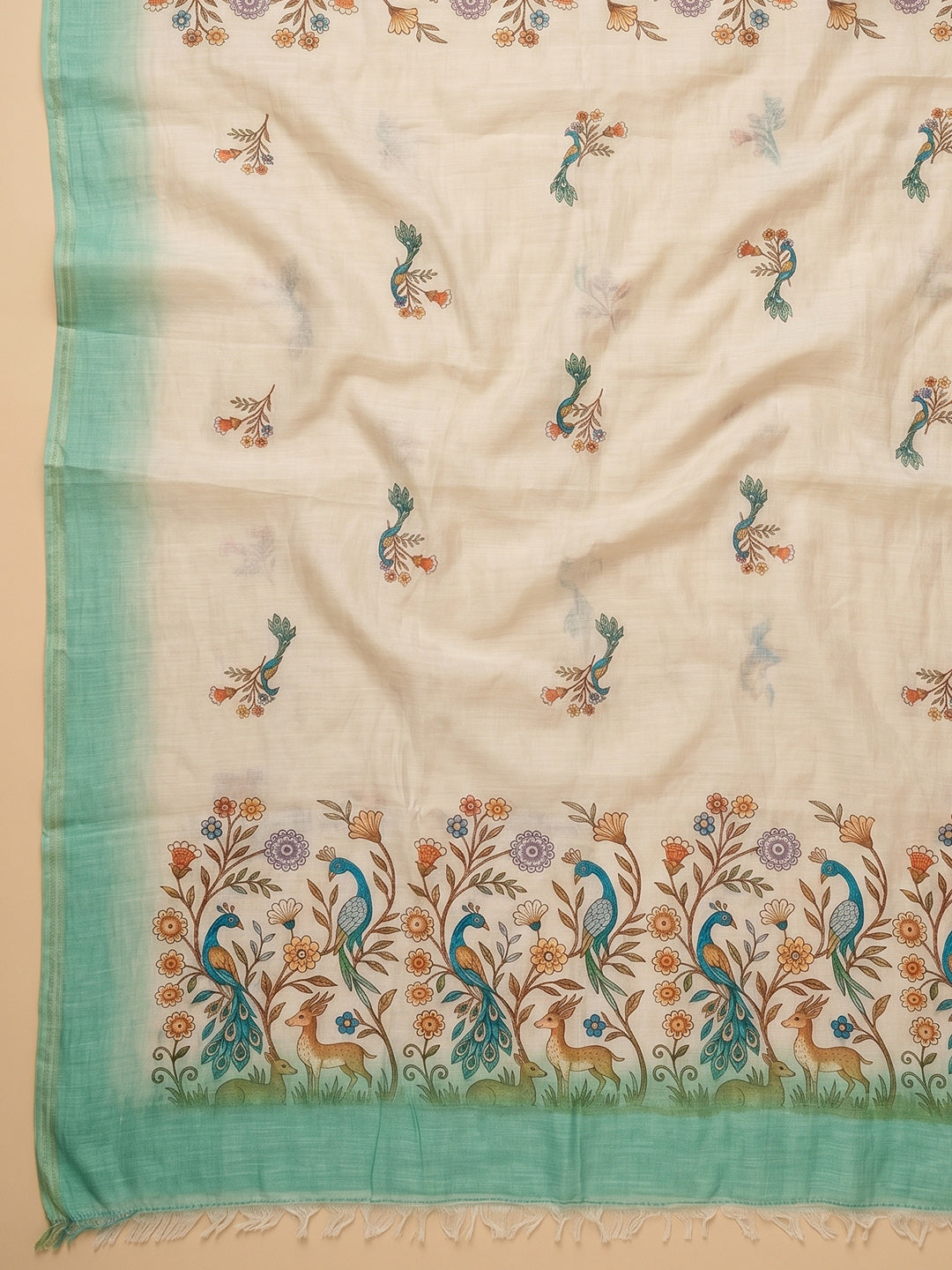 Sea Green Printed Cotton Blend Unstitched Suit With Pant &amp; Dupatta