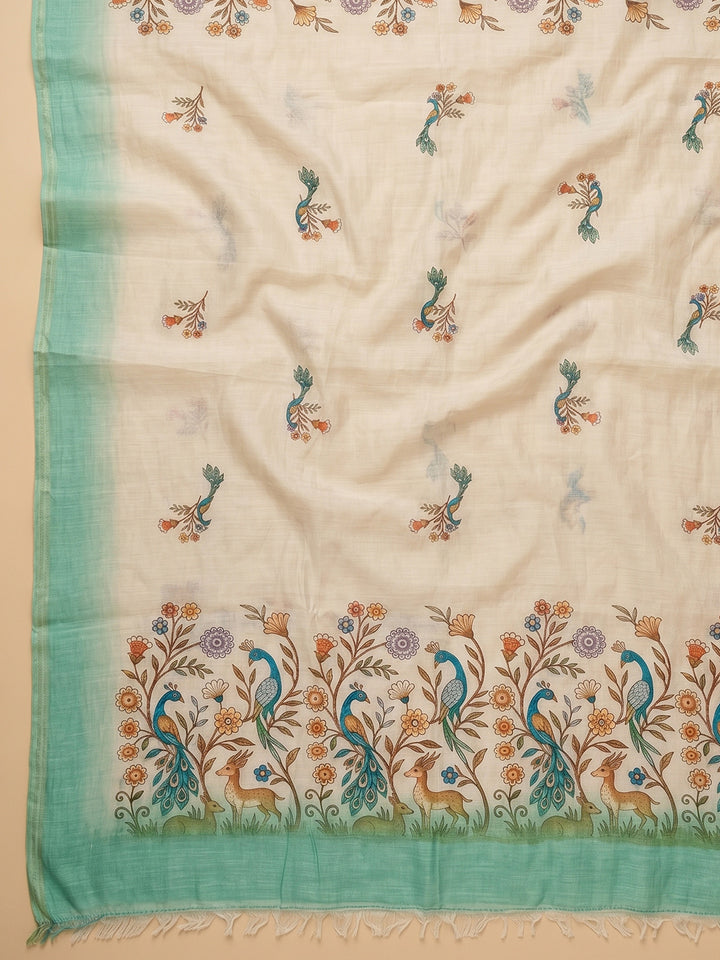 Sea Green Printed Cotton Blend Unstitched Suit With Pant &amp; Dupatta