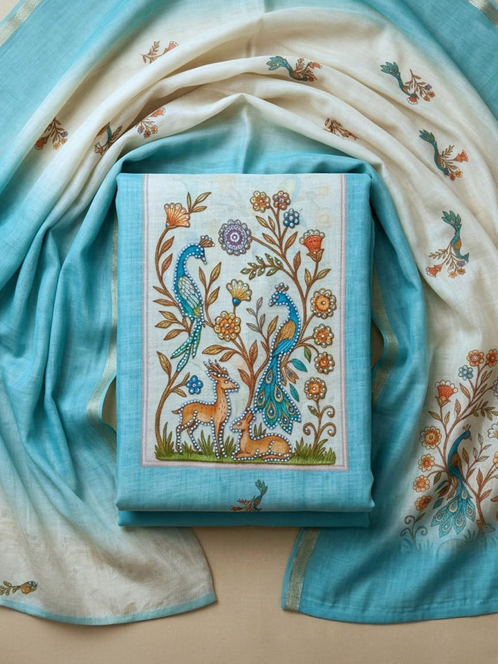Sky Blue Printed Cotton Blend Unstitched Suit With Pant &amp; Dupatta