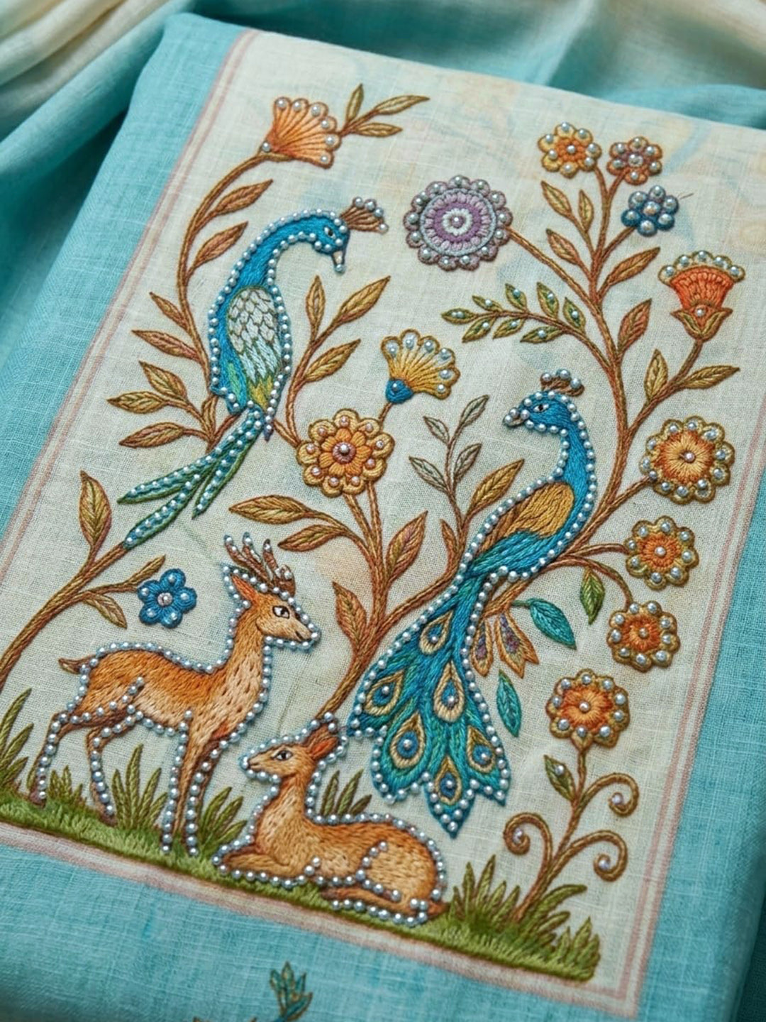 Sky Blue Printed Cotton Blend Unstitched Suit With Pant &amp; Dupatta