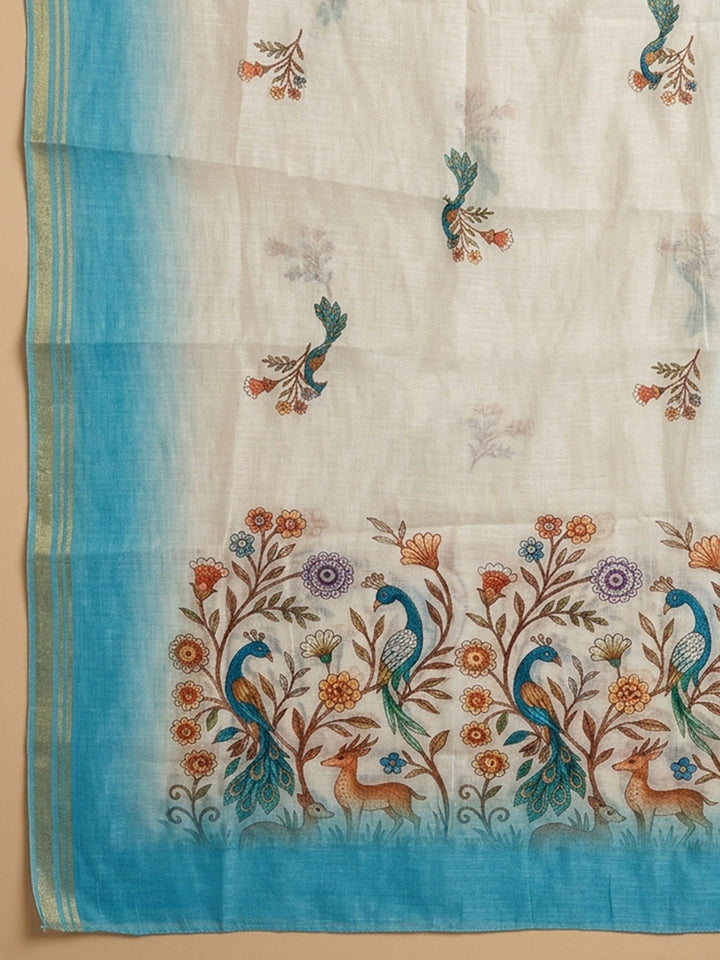 Sky Blue Printed Cotton Blend Unstitched Suit With Pant &amp; Dupatta