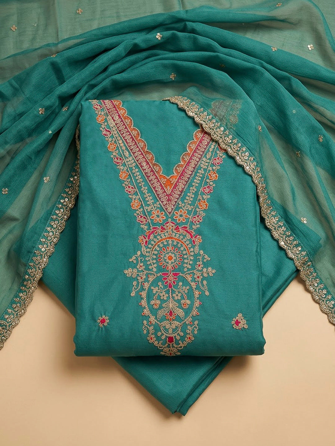 Lake Blue Chanderi Embroidered Unstitched Dress Material