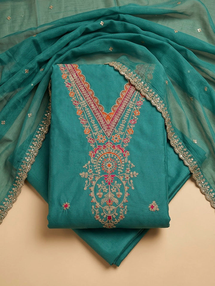 Lake Blue Chanderi Embroidered Unstitched Dress Material