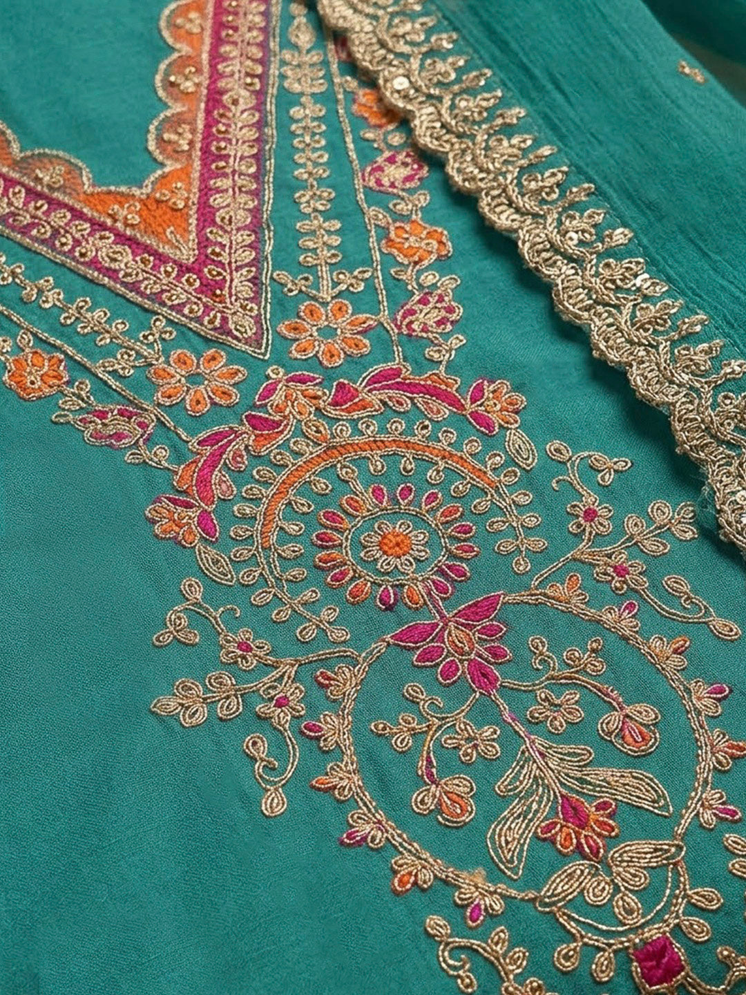 Lake Blue Chanderi Embroidered Unstitched Dress Material