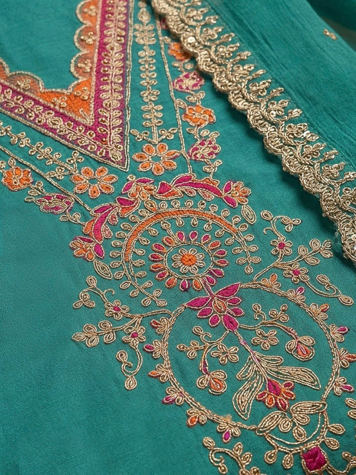 Lake Blue Chanderi Embroidered Unstitched Dress Material