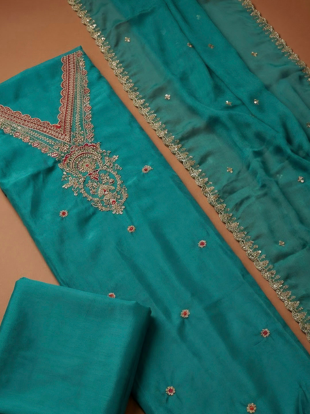 Lake Blue Chanderi Embroidered Unstitched Dress Material