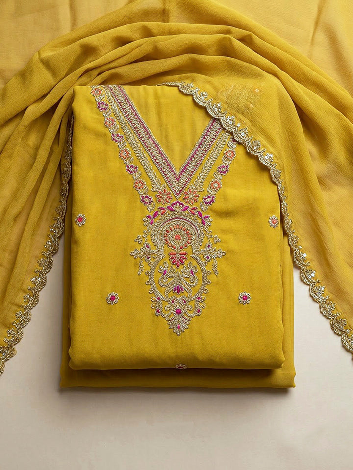 Mustard Chanderi Embroidered Unstitched Dress Material