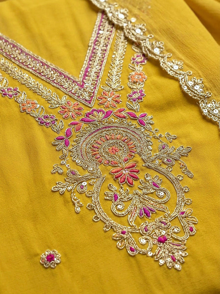 Mustard Chanderi Embroidered Unstitched Dress Material