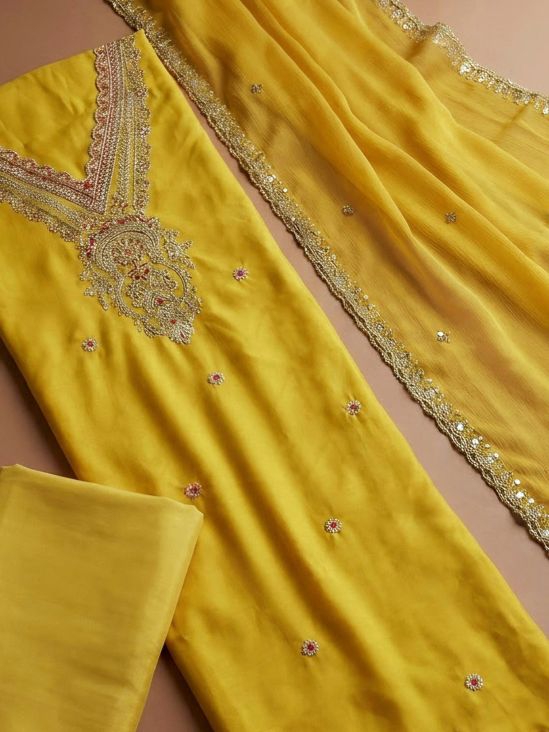 Mustard Chanderi Embroidered Unstitched Dress Material