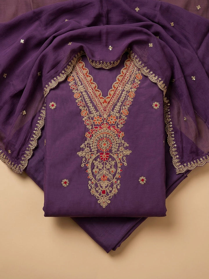 Purple Chanderi Embroidered Unstitched Dress Material