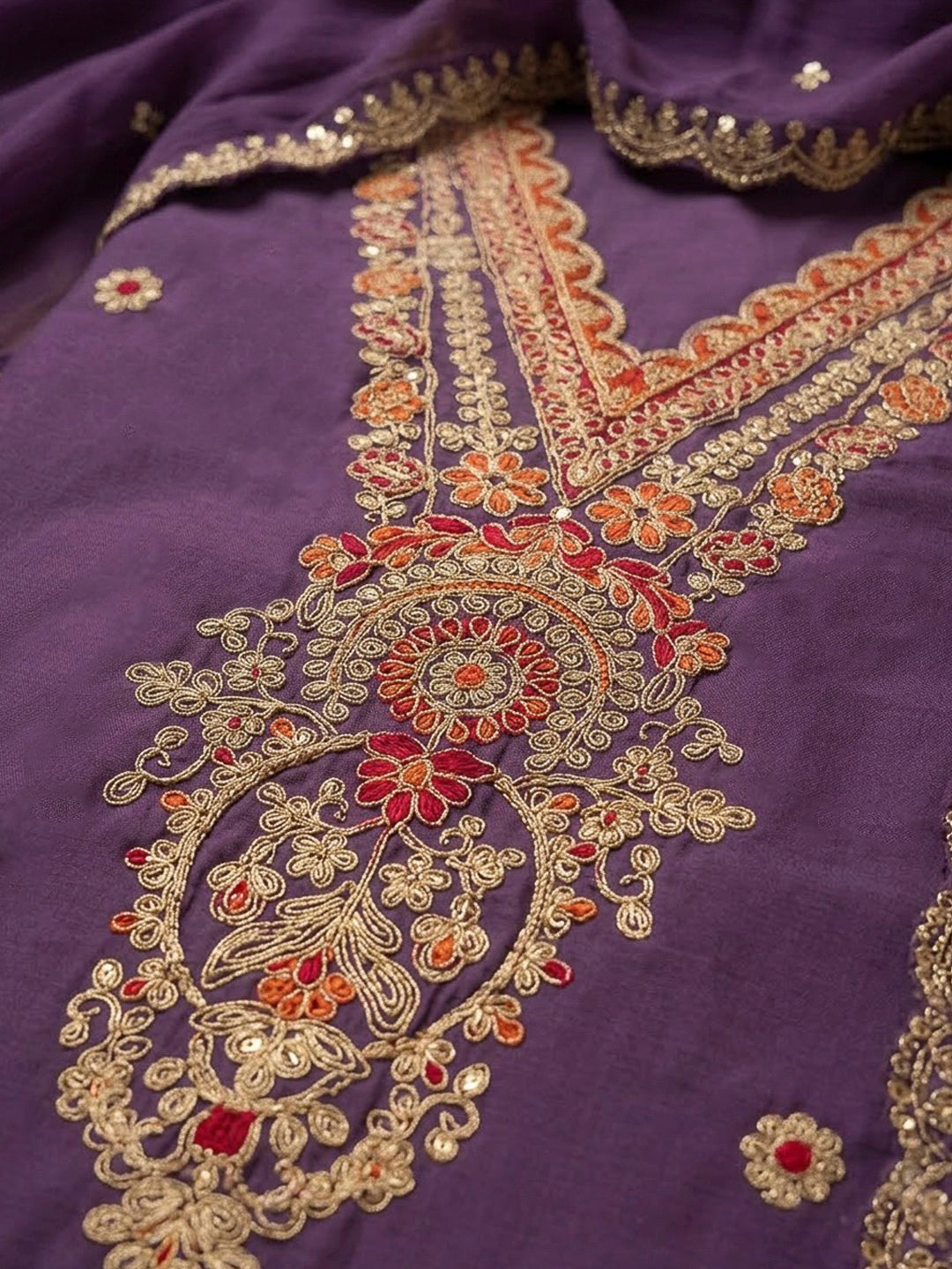 Purple Chanderi Embroidered Unstitched Dress Material