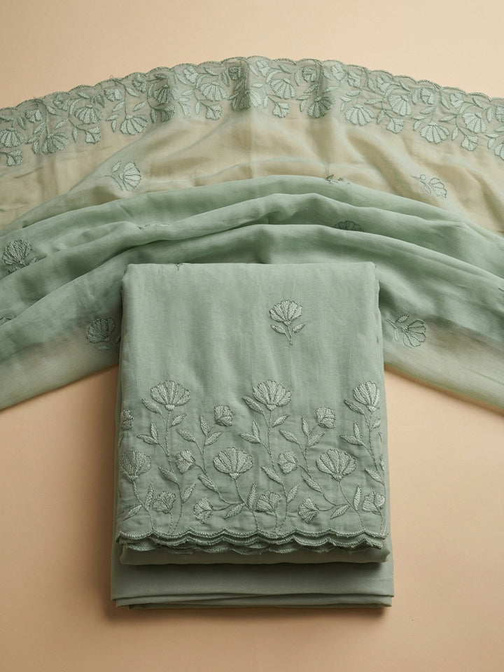 Aqua Green Embroidered Chanderi Unstitched Suit With Pant &amp; Dupatta