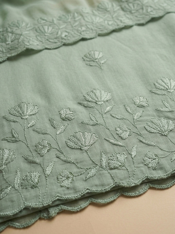 Aqua Green Embroidered Chanderi Unstitched Suit With Pant &amp; Dupatta