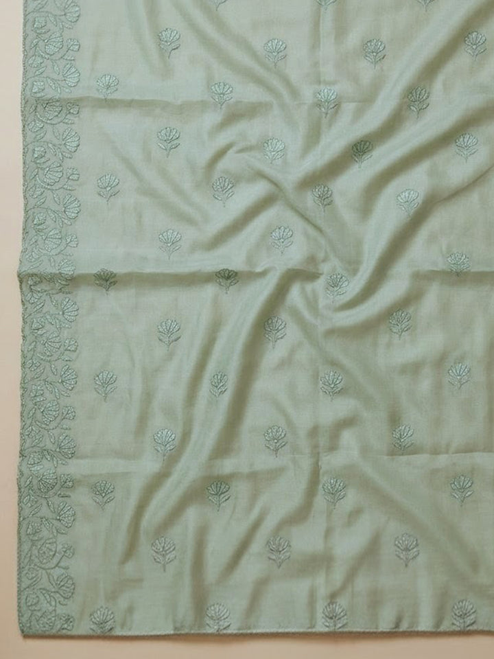 Aqua Green Embroidered Chanderi Unstitched Suit With Pant &amp; Dupatta