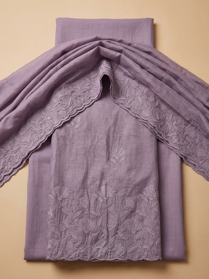 Lavender Embroidered Chanderi Unstitched Suit With Pant &amp; Dupatta
