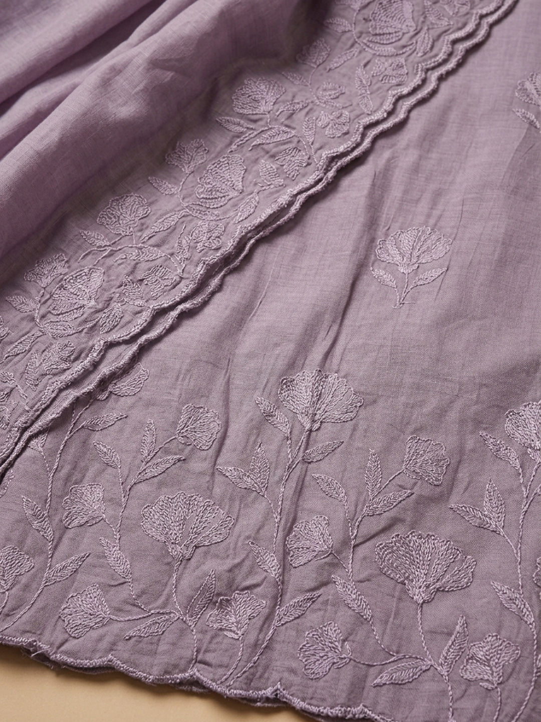 Lavender Embroidered Chanderi Unstitched Suit With Pant &amp; Dupatta