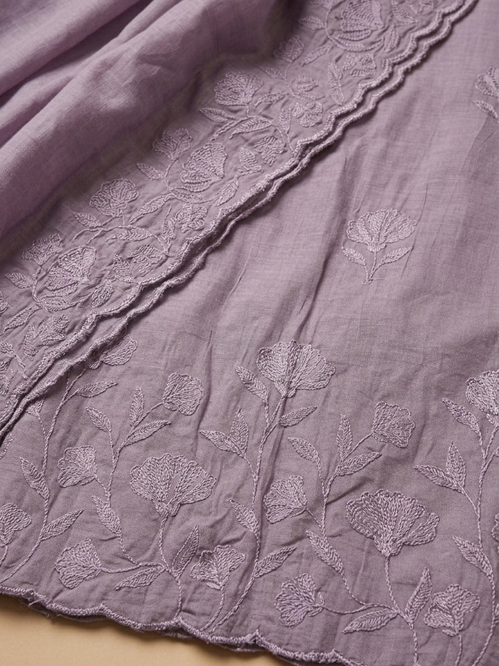 Lavender Embroidered Chanderi Unstitched Suit With Pant &amp; Dupatta