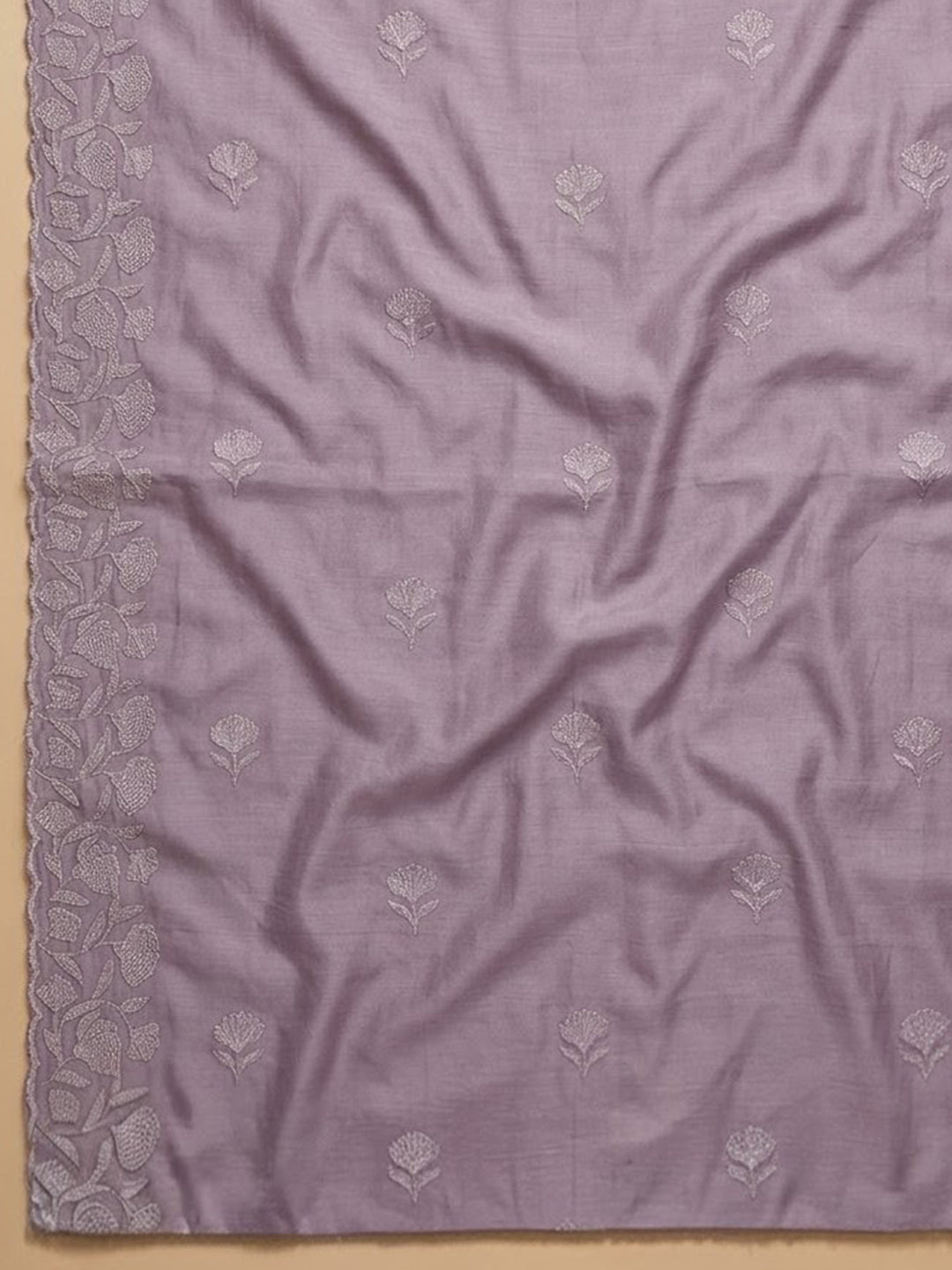 Lavender Embroidered Chanderi Unstitched Suit With Pant &amp; Dupatta