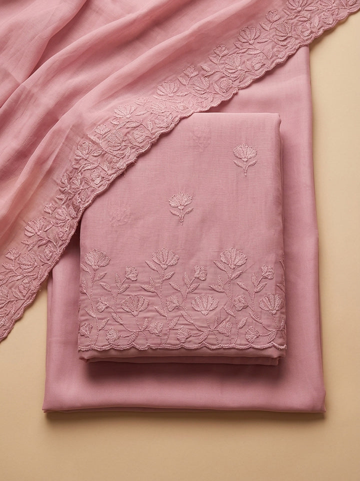 Onion Pink Embroidered Chanderi Unstitched Suit With Pant &amp; Dupatta