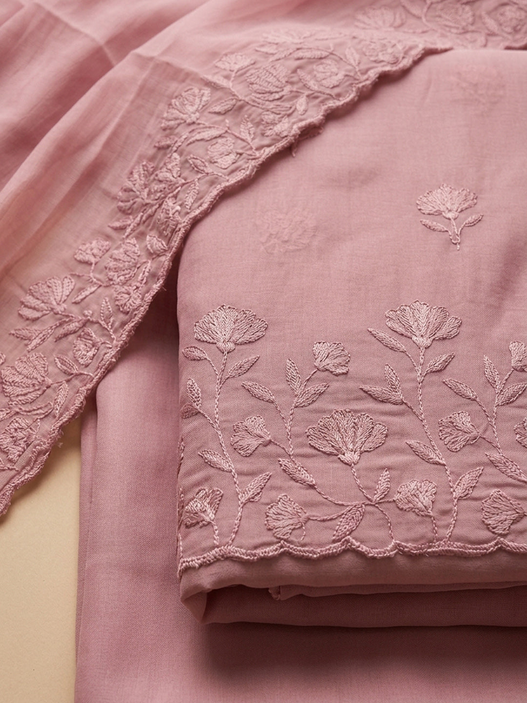 Onion Pink Embroidered Chanderi Unstitched Suit With Pant &amp; Dupatta