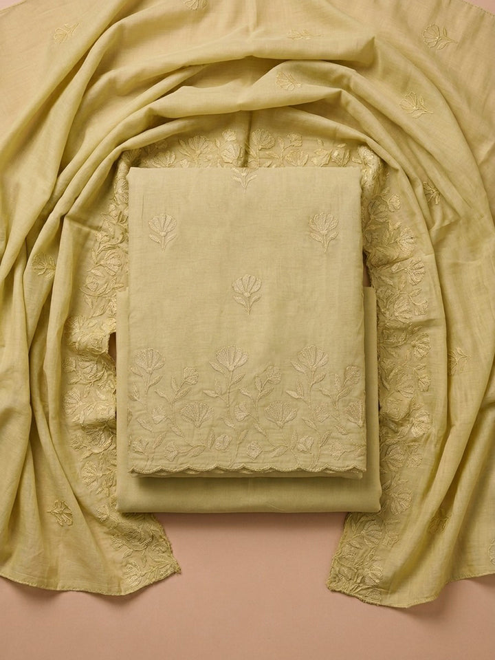 Yellow Embroidered Chanderi Unstitched Suit With Pant &amp; Dupatta