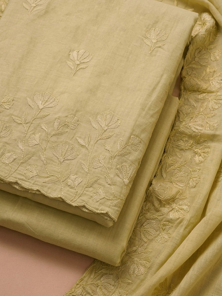 Yellow Embroidered Chanderi Unstitched Suit With Pant &amp; Dupatta