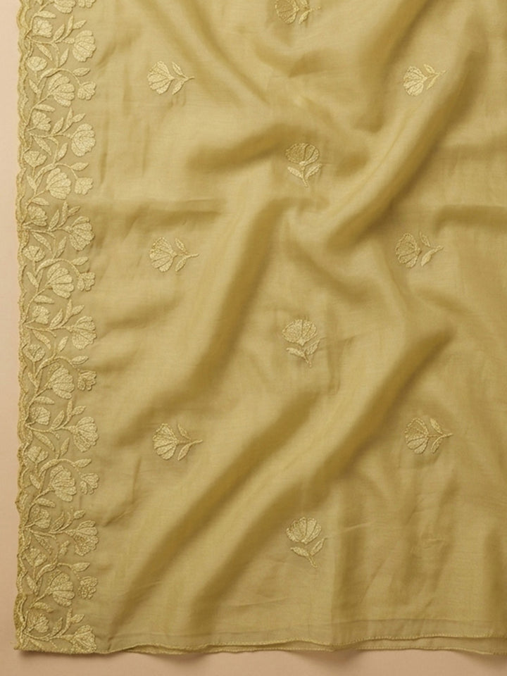 Yellow Embroidered Chanderi Unstitched Suit With Pant &amp; Dupatta