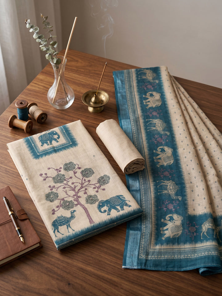 Beige Embroidered Linen Blend Unstitched Suit &amp; Pant With Cotton Dupatta