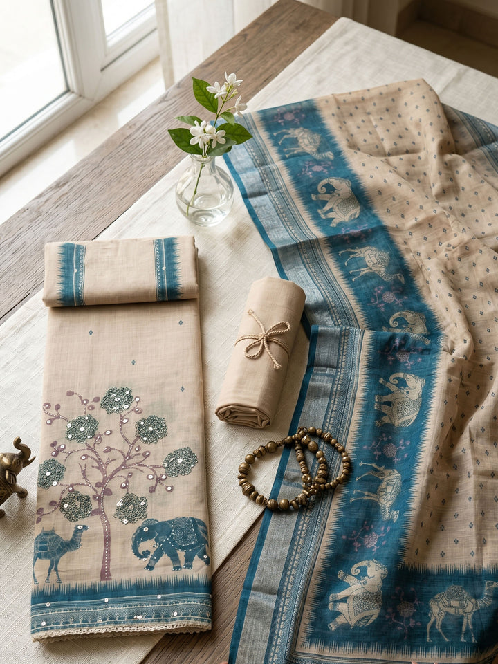 Beige Embroidered Linen Blend Unstitched Suit &amp; Pant With Cotton Dupatta
