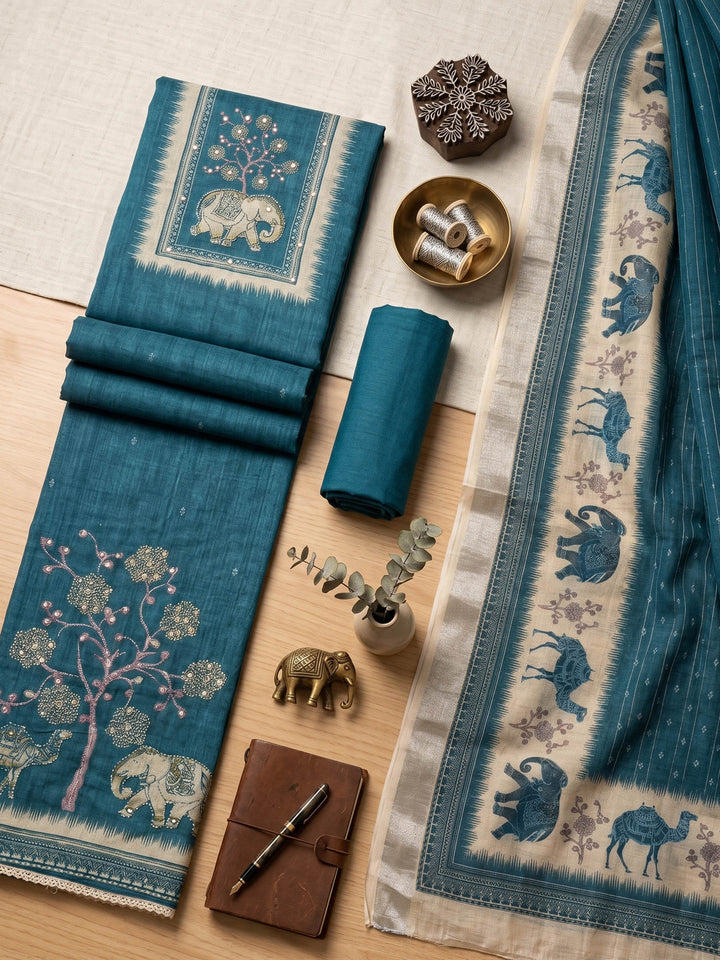 Blue Embroidered Linen Blend Unstitched Suit &amp; Pant With Cotton Dupatta