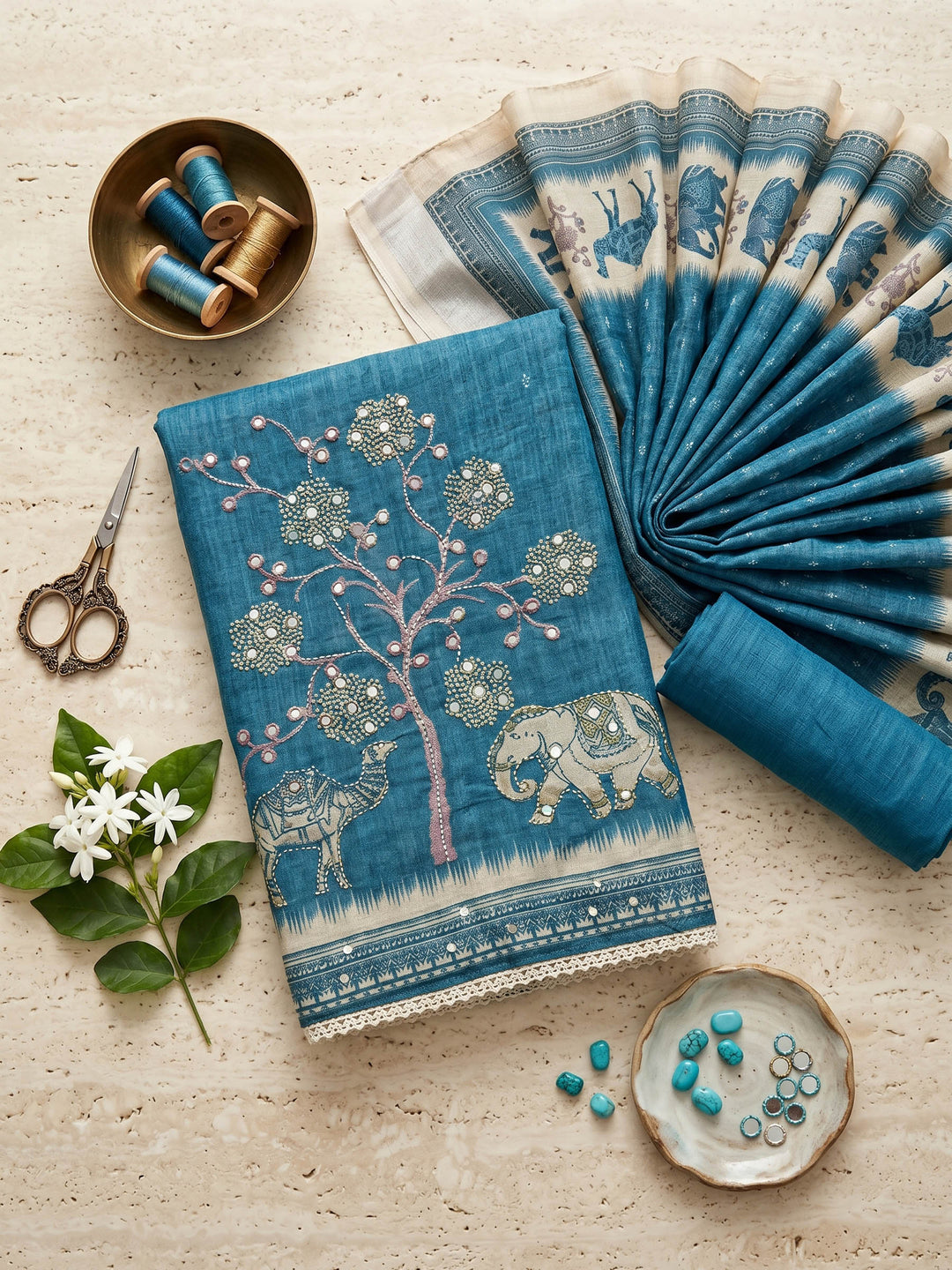 Blue Embroidered Linen Blend Unstitched Suit &amp; Pant With Cotton Dupatta