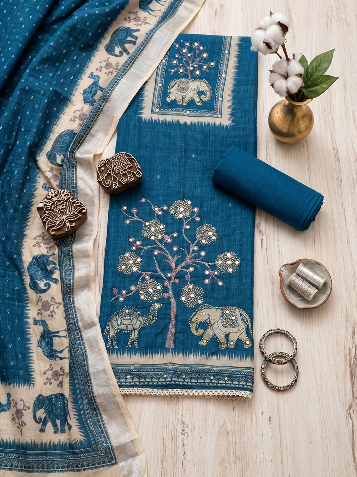 Blue Embroidered Linen Blend Unstitched Suit &amp; Pant With Cotton Dupatta