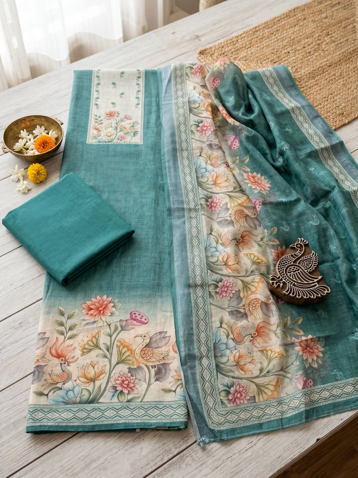 Neck Embroidered Linen Unstitched Suit With Dupatta