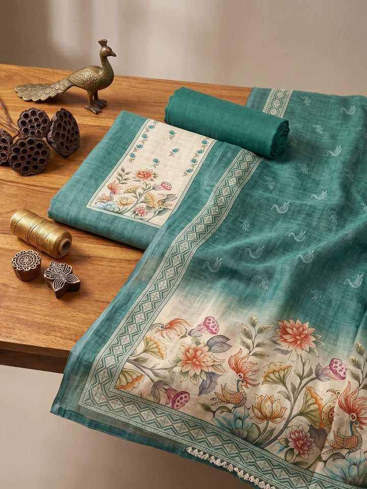 Neck Embroidered Linen Unstitched Suit With Dupatta