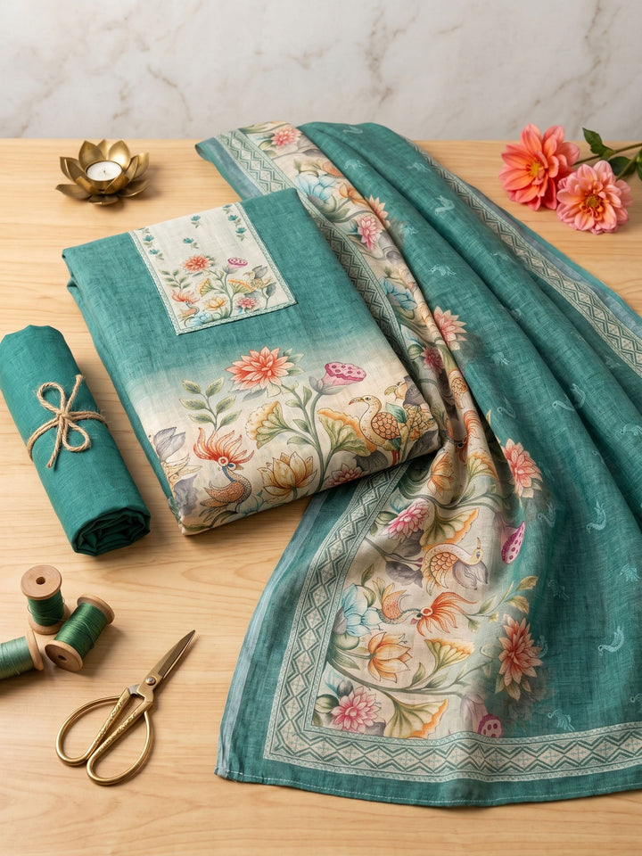 Neck Embroidered Linen Unstitched Suit With Dupatta