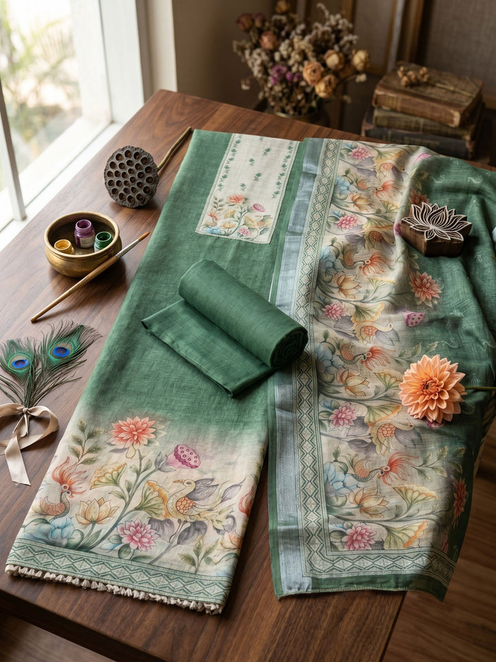 Neck Embroidered Linen Unstitched Suit With Dupatta