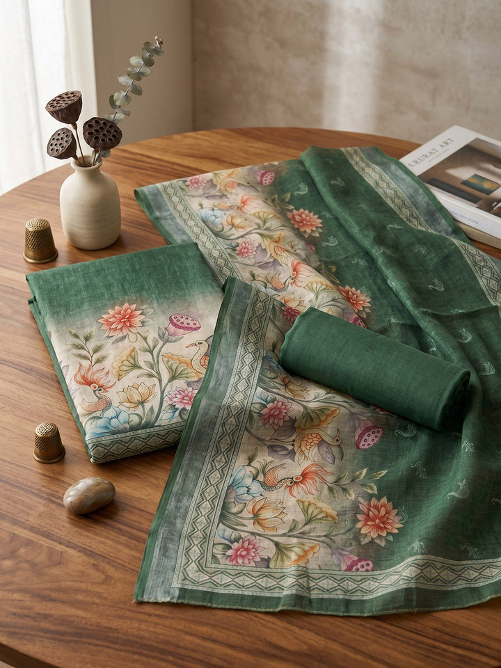 Neck Embroidered Linen Unstitched Suit With Dupatta