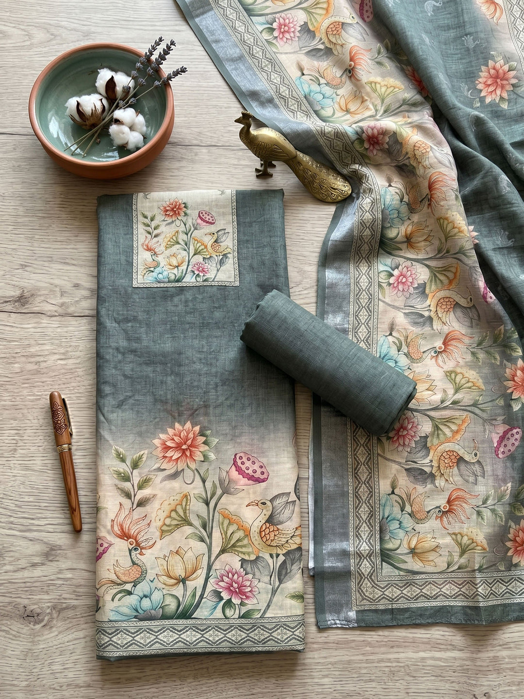 Neck Embroidered Linen Unstitched Suit With Dupatta