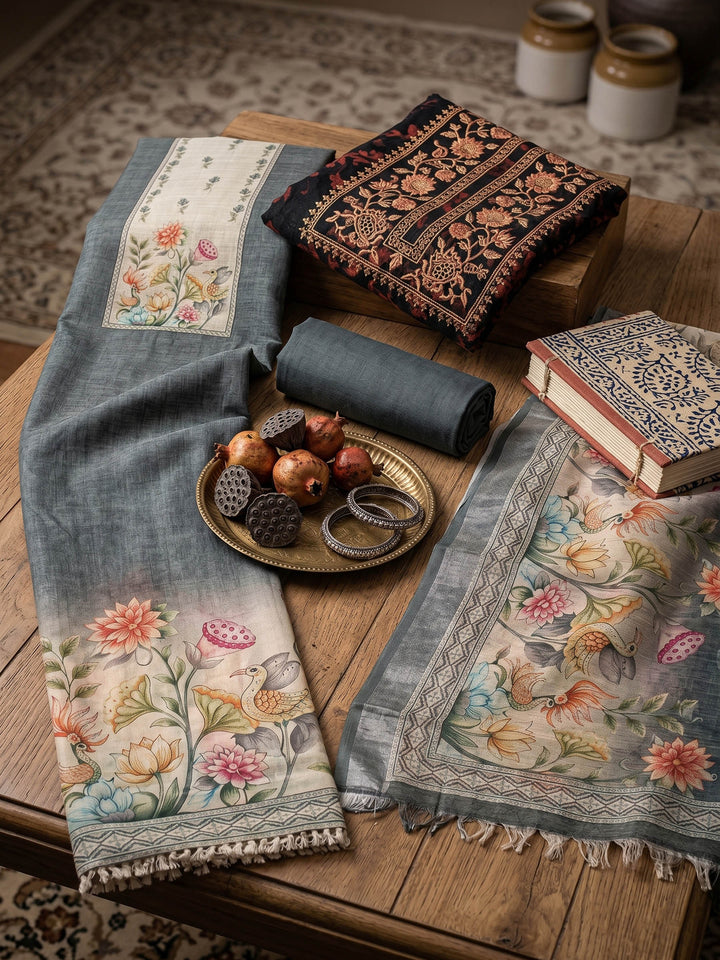 Neck Embroidered Linen Unstitched Suit With Dupatta