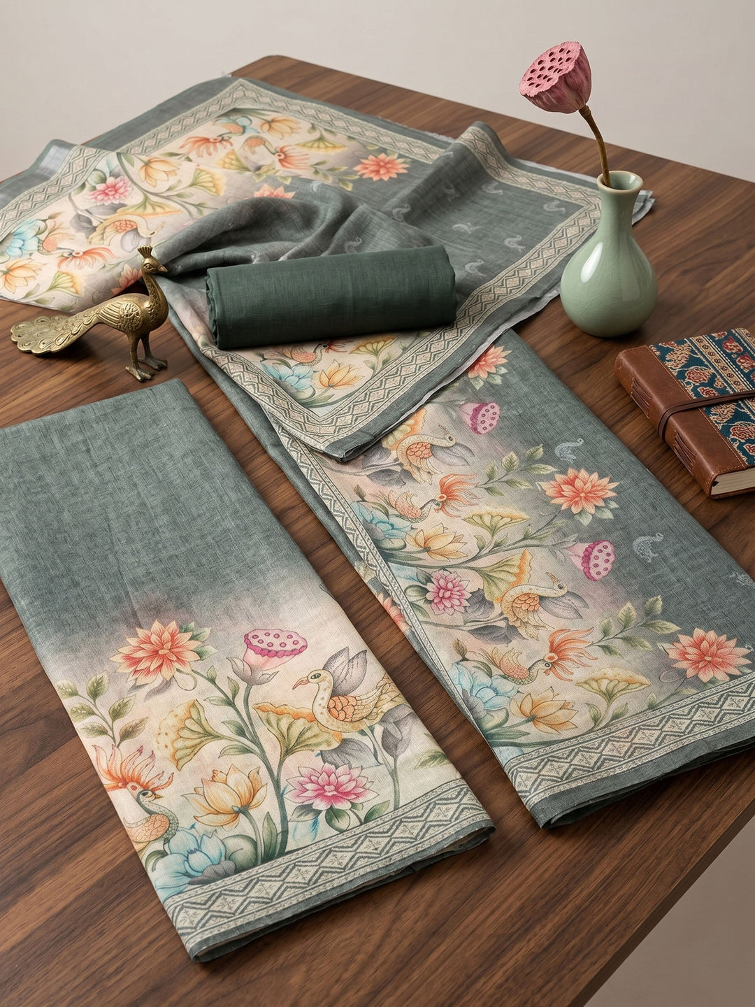Neck Embroidered Linen Unstitched Suit With Dupatta