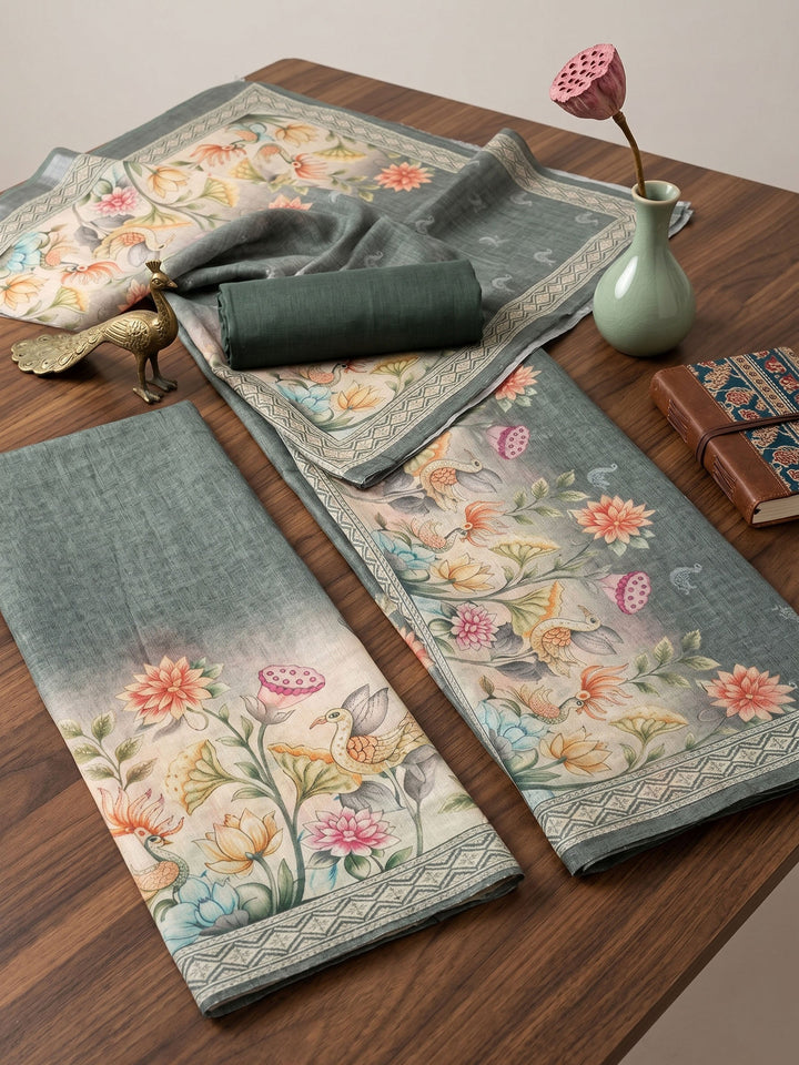 Neck Embroidered Linen Unstitched Suit With Dupatta