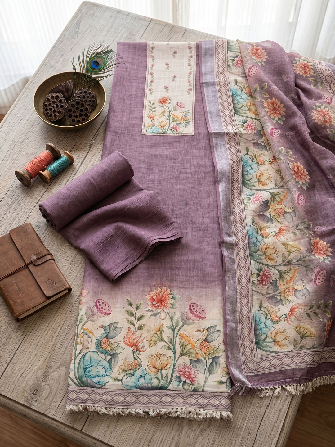 Neck Embroidered Linen Unstitched Suit With Dupatta