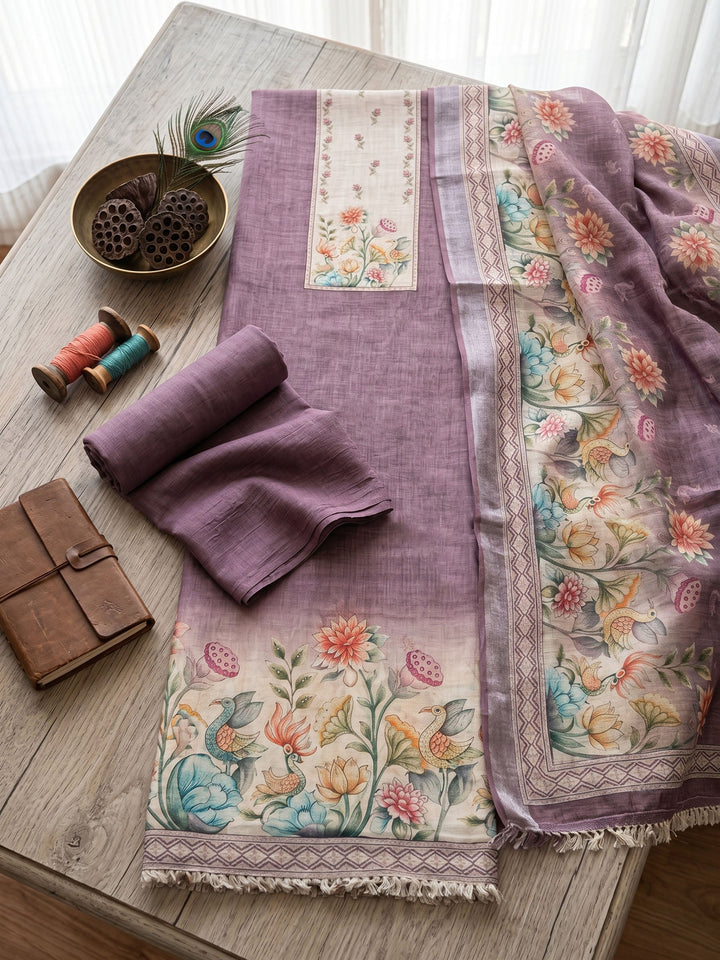 Neck Embroidered Linen Unstitched Suit With Dupatta