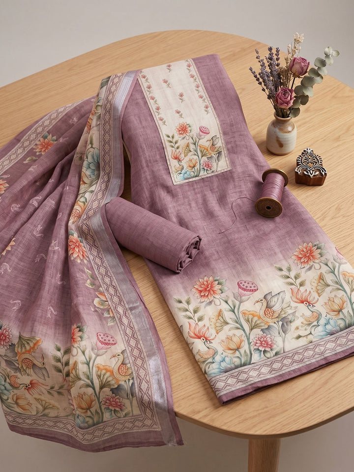 Neck Embroidered Linen Unstitched Suit With Dupatta