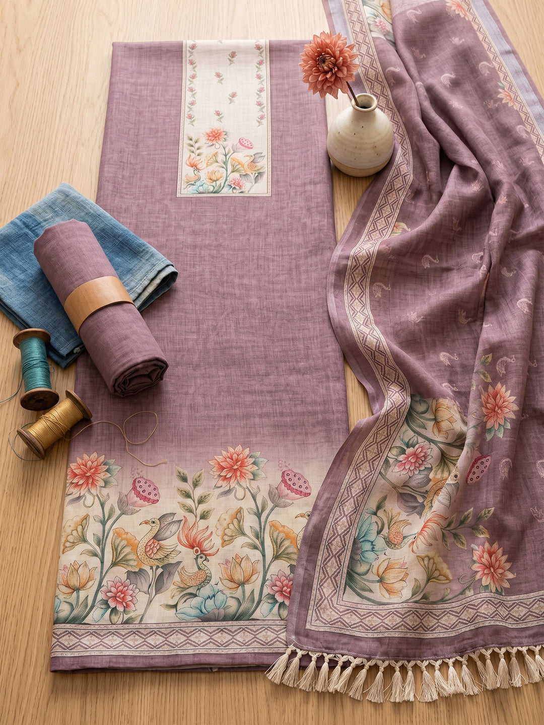Neck Embroidered Linen Unstitched Suit With Dupatta
