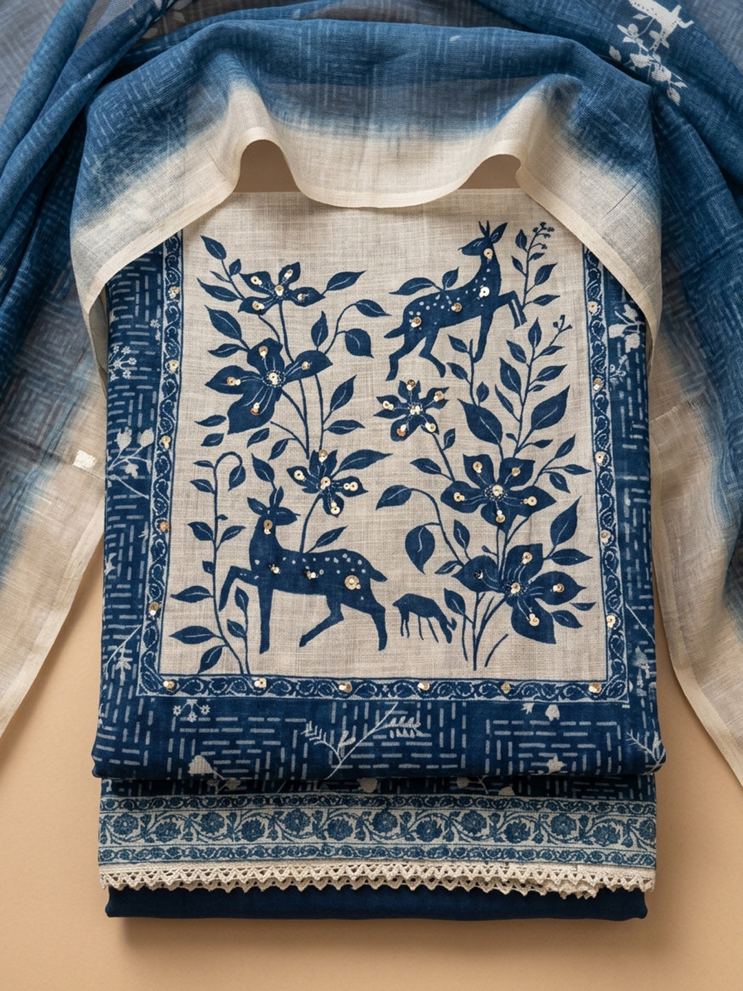 Indigo Printed Linen Blend Unstitched Suit &amp; Pant With Linen Dupatta